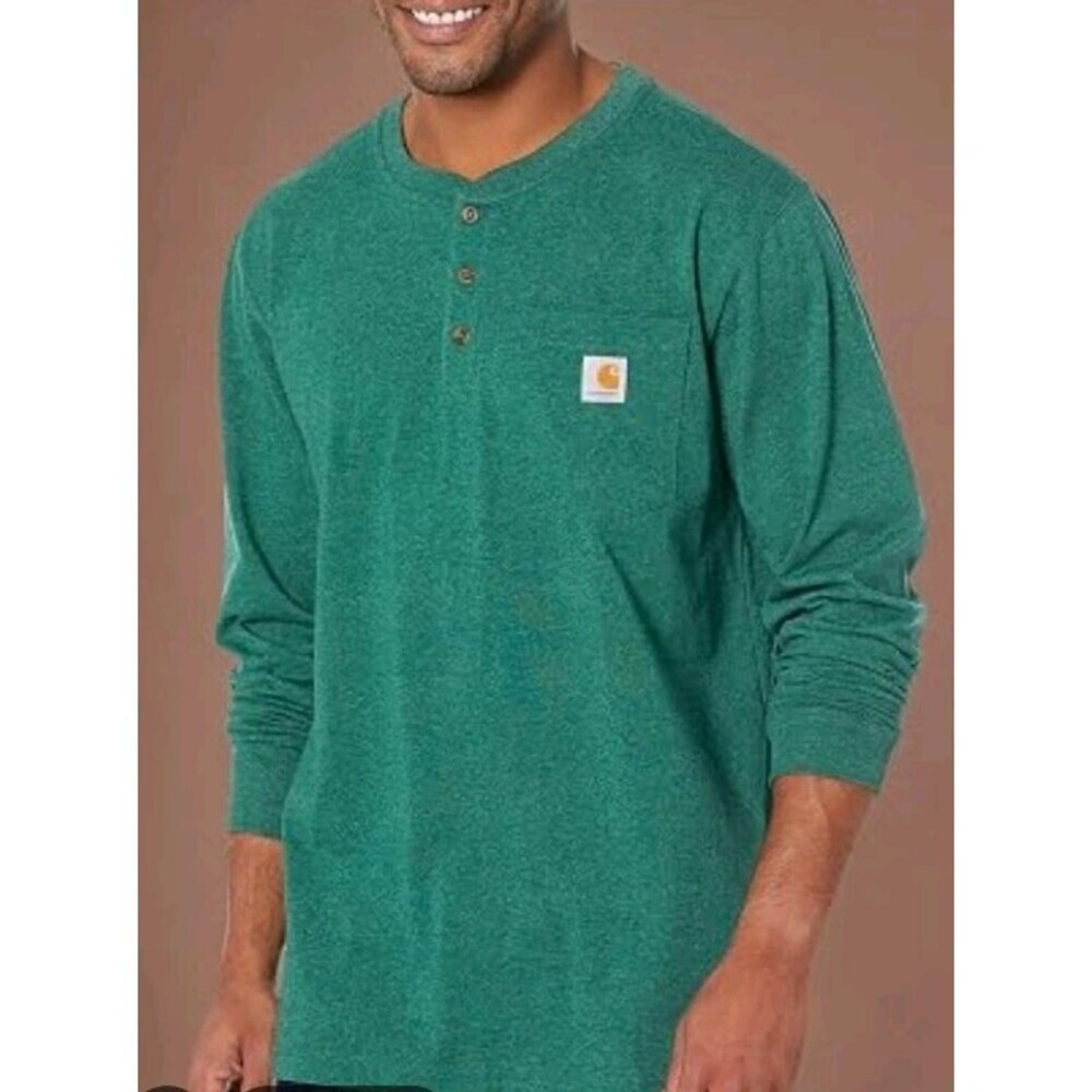 Carhartt Loose Fit Henley T Shirt Long Sleeve Green XL Cotton Blend